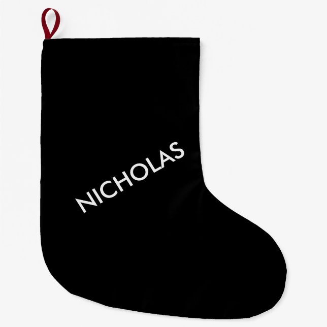 Modern Chic You Name It Personalized Black Large Christmas Stocking (Front)