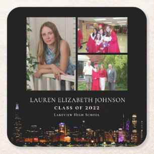 Modern Chicago Skyline 3 Photo Collage Graduation Square Paper Coaster