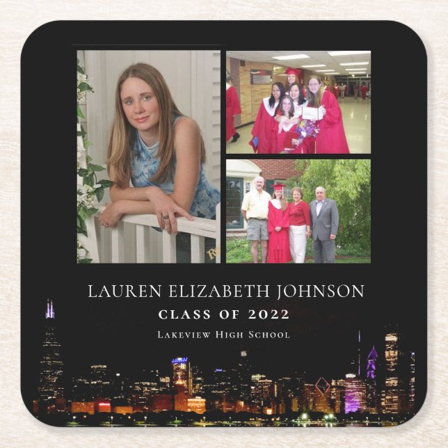 Modern Chicago Skyline 3 Photo Collage Graduation  Square Paper Coaster (Front)