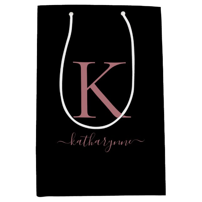 Modern Chich Black Pink Rose Gold Monogram Name Medium Gift Bag (Front)