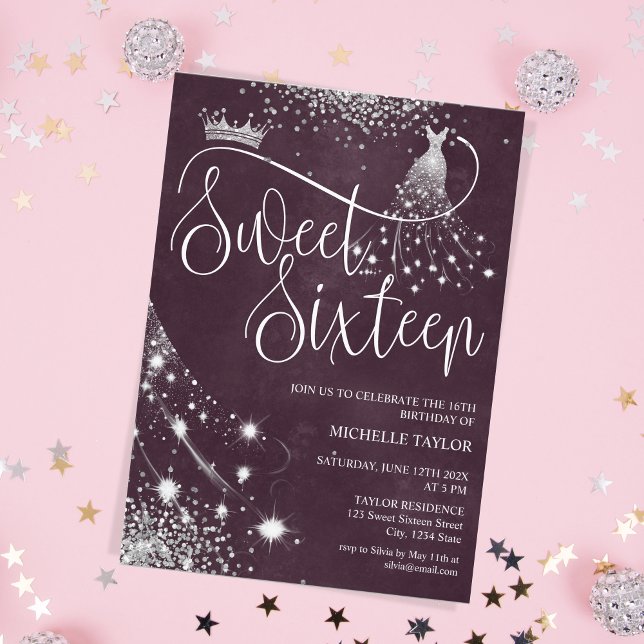 Modern Chick Burgundy Silver Glitter Sweet 16 Invitation (Creator Uploaded)