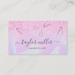 Modern chick ombre purple holographic hairstylist business card