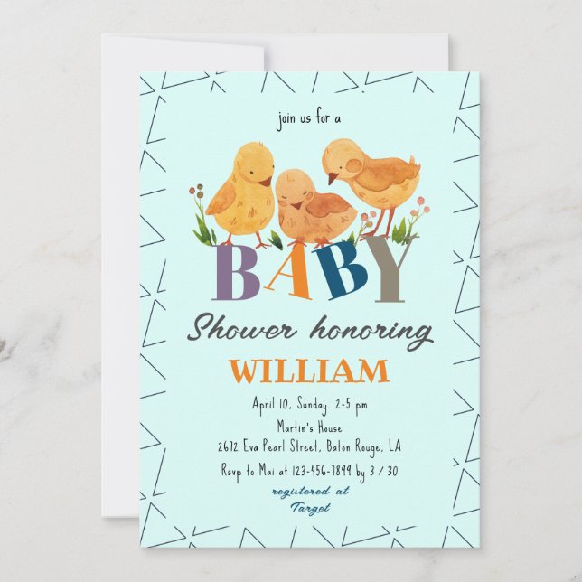 Modern Chicken Family Colourful Letters Baby Showe Invitation (Front)