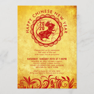 Modern Chinese New Year of the Rat 2020 Gold Party Invitation