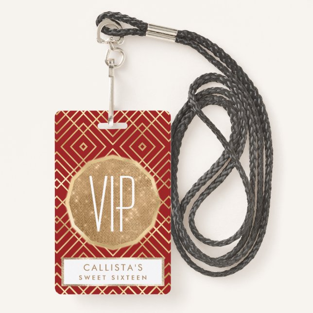 Modern Chinese Red Art Deco Geometric Pattern Badge (Front with Lanyard)