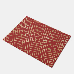 Modern Chinese Red Art Deco Geometric Pattern Doormat