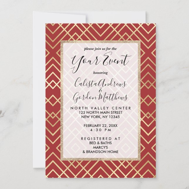 Modern Chinese Red Art Deco Geometric Pattern Invitation (Front)