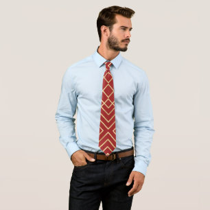 Modern Chinese Red Art Deco Geometric Pattern Tie
