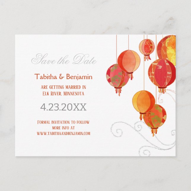 Modern Chinese Red Lanterns Wedding Save the Date Announcement Postcard (Front)