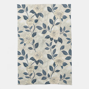 Modern Chinoiserie Ivory Rose Navy Botanical Kitchen Towel