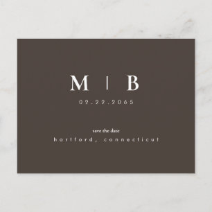 Modern Chocolate Brown Monogram Wedding Save Date Announcement Postcard