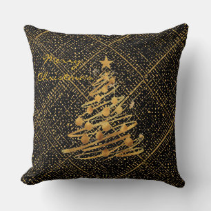 Modern, Chrismas Tree, Black Gold Cross Pattern Throw Pillow