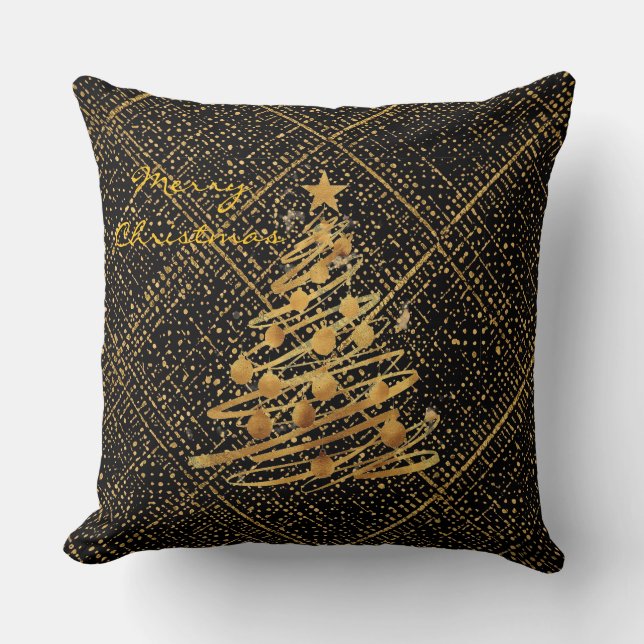 Modern, Chrismas Tree, Black Gold Cross Pattern Throw Pillow (Front)