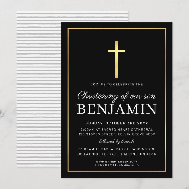 MODERN CHRISTENING gold cross simple black white Invitation (Front/Back)