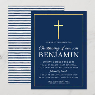 MODERN CHRISTENING gold cross simple navy white In Invitation