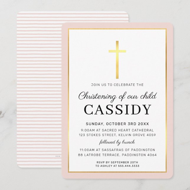 MODERN CHRISTENING gold foil cross cute blush pink Invitation (Front/Back)