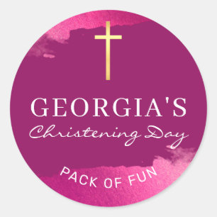 MODERN CHRISTENING gold foil cross dark pink Classic Round Sticker