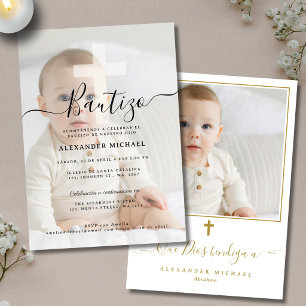 Modern Christian Baptism Bautizo Photo Gold Cross Invitation