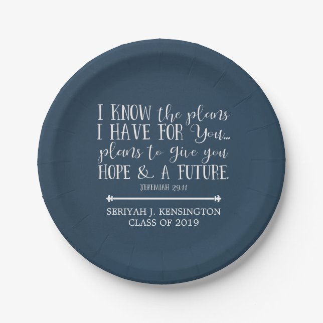 Modern Christian Bible Verse Blue Graduation Paper Plate (Front)
