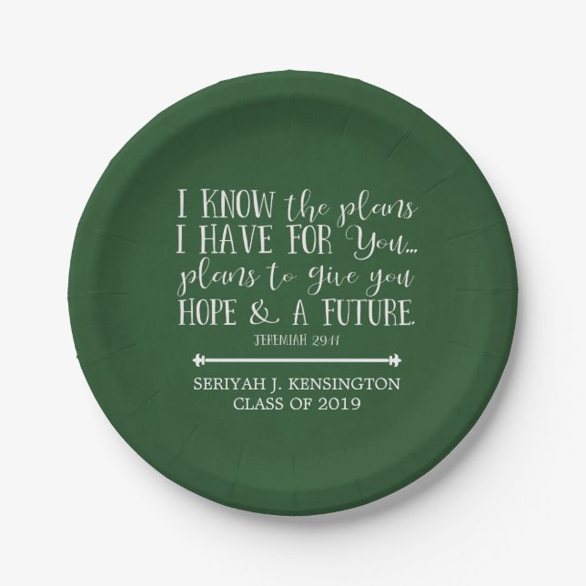 Modern Christian Bible Verse Green Graduation Paper Plate (Front)