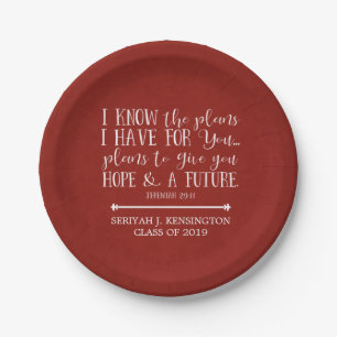 Modern Christian Bible Verse Rustic Red Graduation Paper Plate
