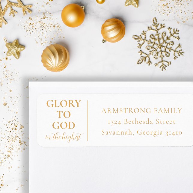 Modern Christian Christmas Return Address (Simple, modern, religious Christmas return address label in gold and white for Christians)