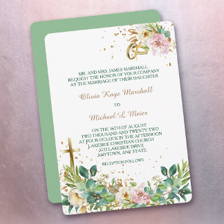 Modern Christian Cross and Rings Floral Wedding Invitation