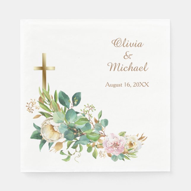 Modern Christian Cross Floral Wedding Napkin (Front)