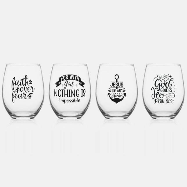 Modern Christian Faith Quotes Stemless Wine Glass (Front)