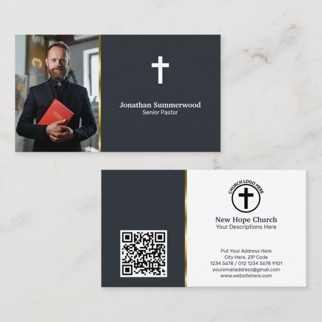 Modern Christian Pastor with Photo & QR Code Business Card (Front/Back)