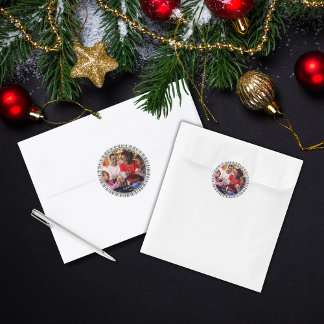 Modern Christmas 1 Photo Memory Black and White Classic Round Sticker