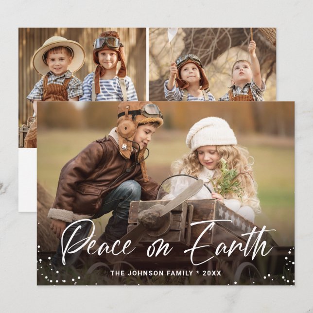 Modern Christmas 3 PHOTO Peace on Earth Holiday Card (Front/Back)