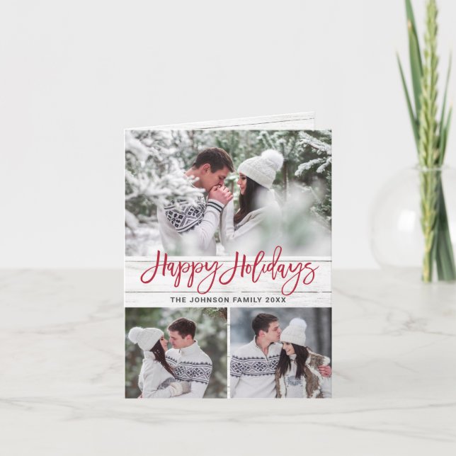 Modern Christmas 5 PHOTO Rustic Wood Greeting Holiday Card (Front)