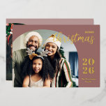 Modern Christmas arch 2 photo minimalist taupe Foil Holiday Card<br><div class="desc">This elegant and modern Christmas greeting card features a minimalist design displaying two of your favourite family pictures inside a trendy arch frame. Easily customizable with your family name and the current year in stylish gold foil serif fonts over a modern rose taupe background on the front and with your...</div>