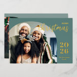 Modern Christmas arch 2 photo minimalist teal Foil Holiday Card<br><div class="desc">This elegant and modern Christmas greeting card features a minimalist design displaying two of your favourite family pictures inside a trendy arch frame. Easily customizable with your family name and the current year in stylish gold foil serif fonts over a modern teal background on the front and with your custom...</div>