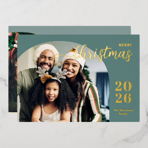 Modern Christmas arch 2 photo minimalist teal Foil Holiday Card
