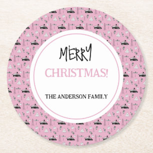 Modern Christmas Black and White Pattern on Pink Round Paper Coaster