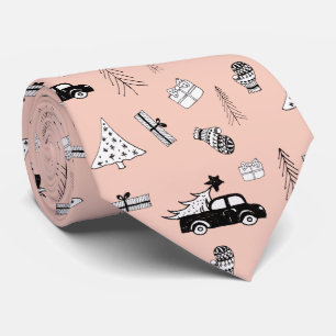 Modern Christmas Black and White Pattern on Pink Tie