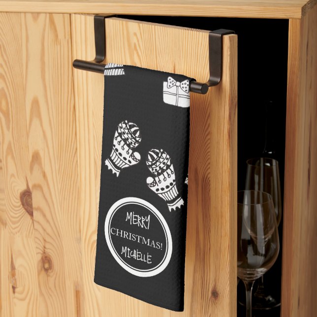 Modern Christmas Black and White Personalized Kitchen Towel (Thirds Fold)