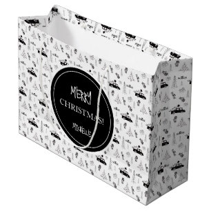 Modern Christmas Black and White Personalized Large Gift Bag