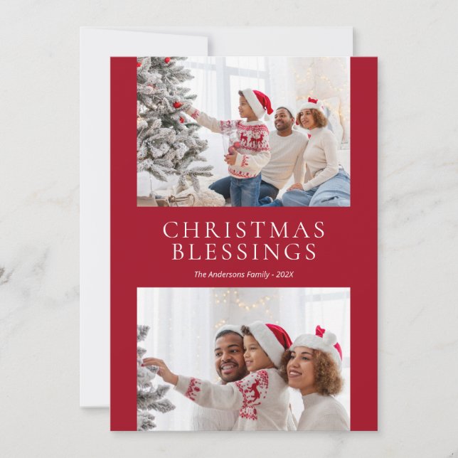 Modern Christmas Blessings Red Photo Holiday Card (Front)