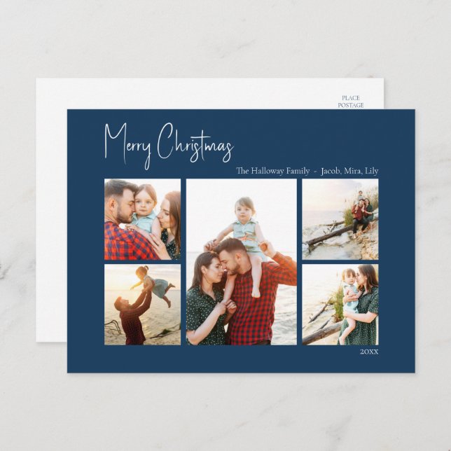 Modern Christmas | Blue Script Five-Photo Holiday Postcard (Front/Back)
