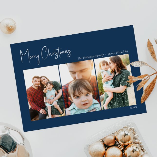 Modern Christmas | Blue Three-Photo Holiday Card (Creator Uploaded)