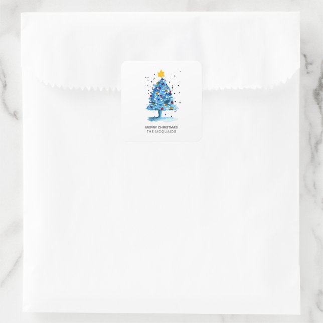 Modern Christmas Blue Watercolor Tree Square Sticker (Bag)