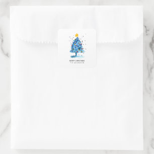 Modern Christmas Blue Watercolor Tree Square Sticker