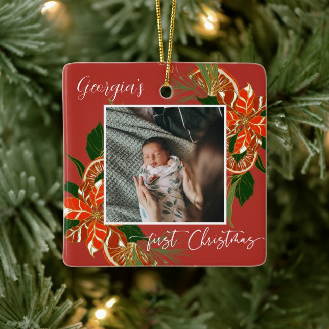Modern Christmas Botanical | First Christmas Photo Ceramic Ornament (Tree)