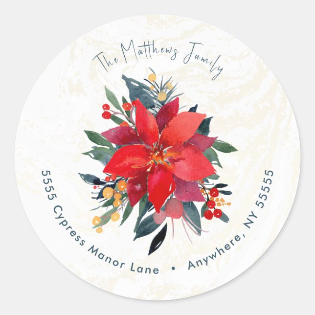 Modern Christmas Botanicals and Berries Address Classic Round Sticker (Front)