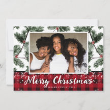 Modern Christmas buffalo plaid holiday photo card