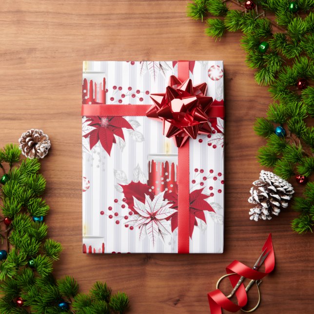 Modern Christmas Candles Poinsettias Holiday Wrapping Paper (Holiday Gift)