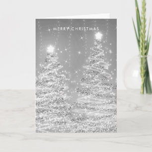 MODERN Christmas Card Glitter Xmas Trees Silver 